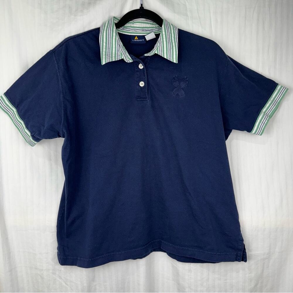 Liz Sport Golf Bags Vintage Navy Blue Polo Shirt Women’s Size Large Striped Trim